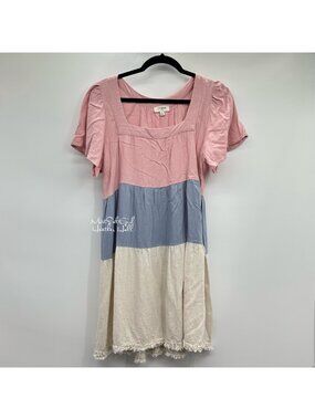 Umgee USA Colorblock Tiered Mini Linen Blend Dress Size Small